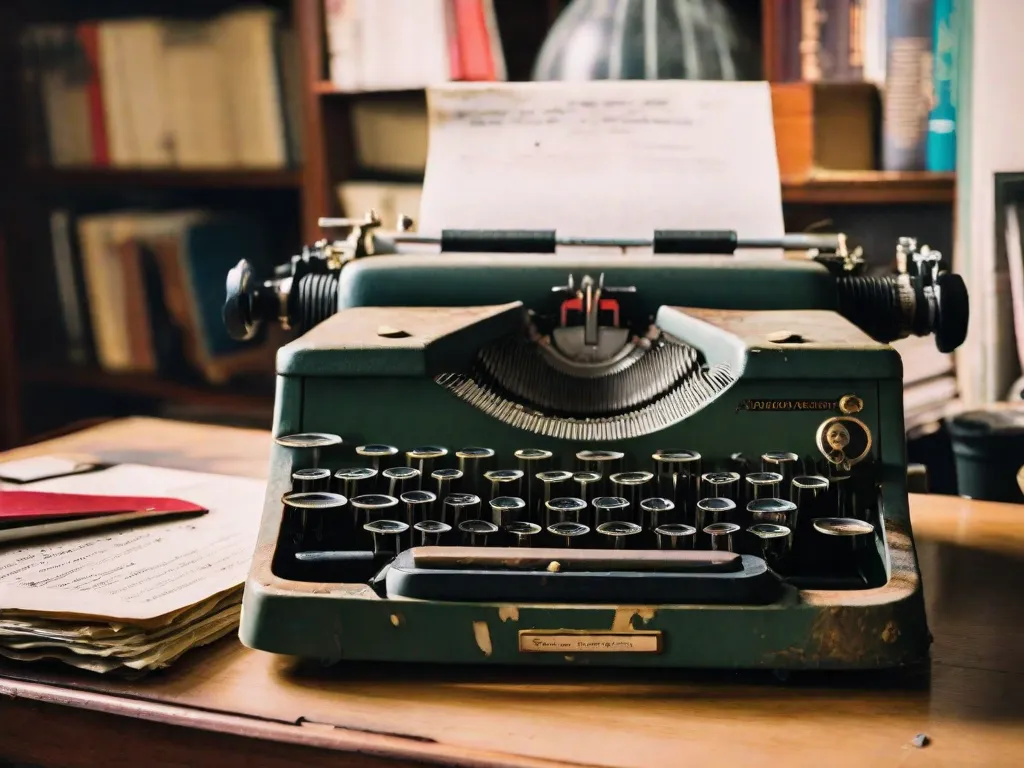 Descrição da imagem: Uma fotografia em close-up de uma máquina de escrever desgastada, com suas teclas cobertas de manchas de tinta. Ao lado dela, uma pilha de romances de Anthony Burgess se destaca, exibindo suas capas vibrantes e páginas bem gastas. A imagem captura a essência da prolífica carreira de escrita de Burgess e a beleza atemporal de suas obras literárias.