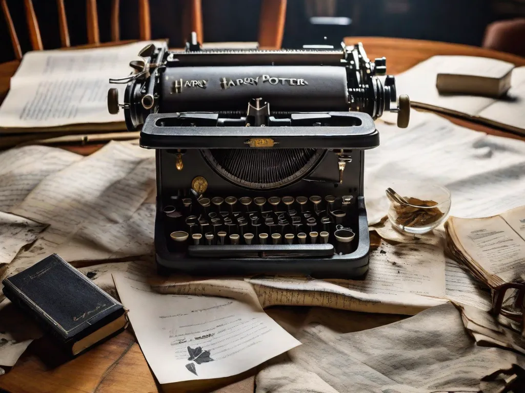 Uma imagem em preto e branco de J.K. Rowling sentada em uma mesa, cercada por pilhas de livros e uma máquina de escrever. Ela está mergulhada em pensamentos, caneta na mão, com uma expressão determinada no rosto. A imagem captura sua criatividade, paixão e dedicação como uma renomada autora.