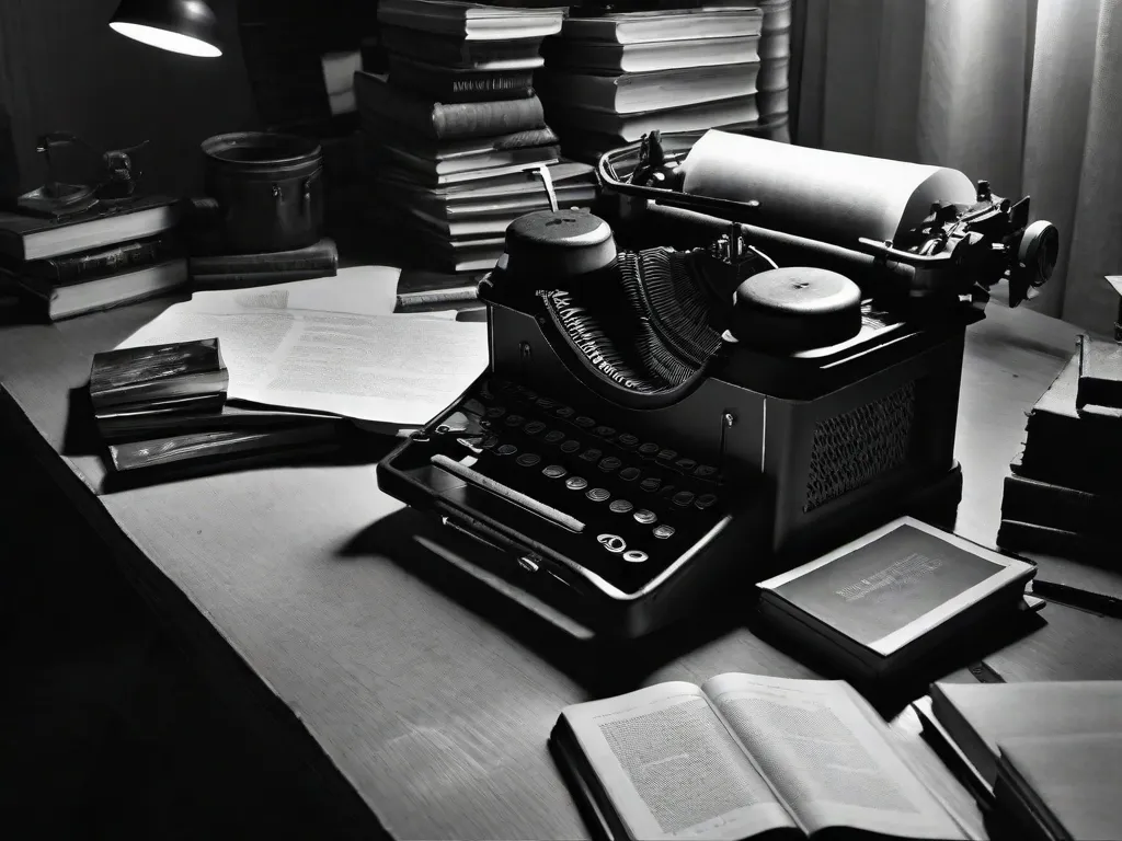 Uma imagem em preto e branco de uma máquina de escrever desgastada repousando sobre uma mesa, cercada por pilhas de livros de Franz Kafka. A luz fraca lança uma sombra assombrosa, capturando a essência do estilo de escrita enigmático e introspectivo de Kafka.