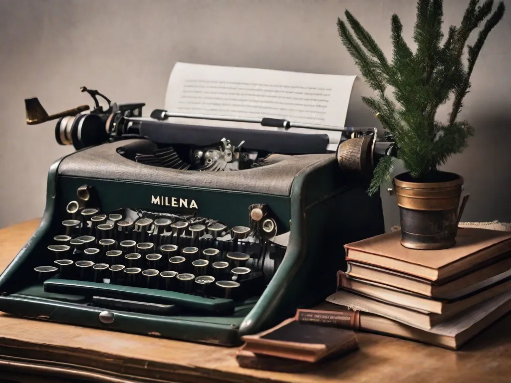 Descrição da imagem: Uma fotografia em close-up de uma máquina de escrever desgastada, com uma pilha de livros ao lado. A máquina de escrever, coberta de poeira, representa a arte atemporal da escrita. Os livros simbolizam a jornada criativa da autora Milena, mostrando suas conquistas literárias e as histórias que ela compartilhou com o mundo.