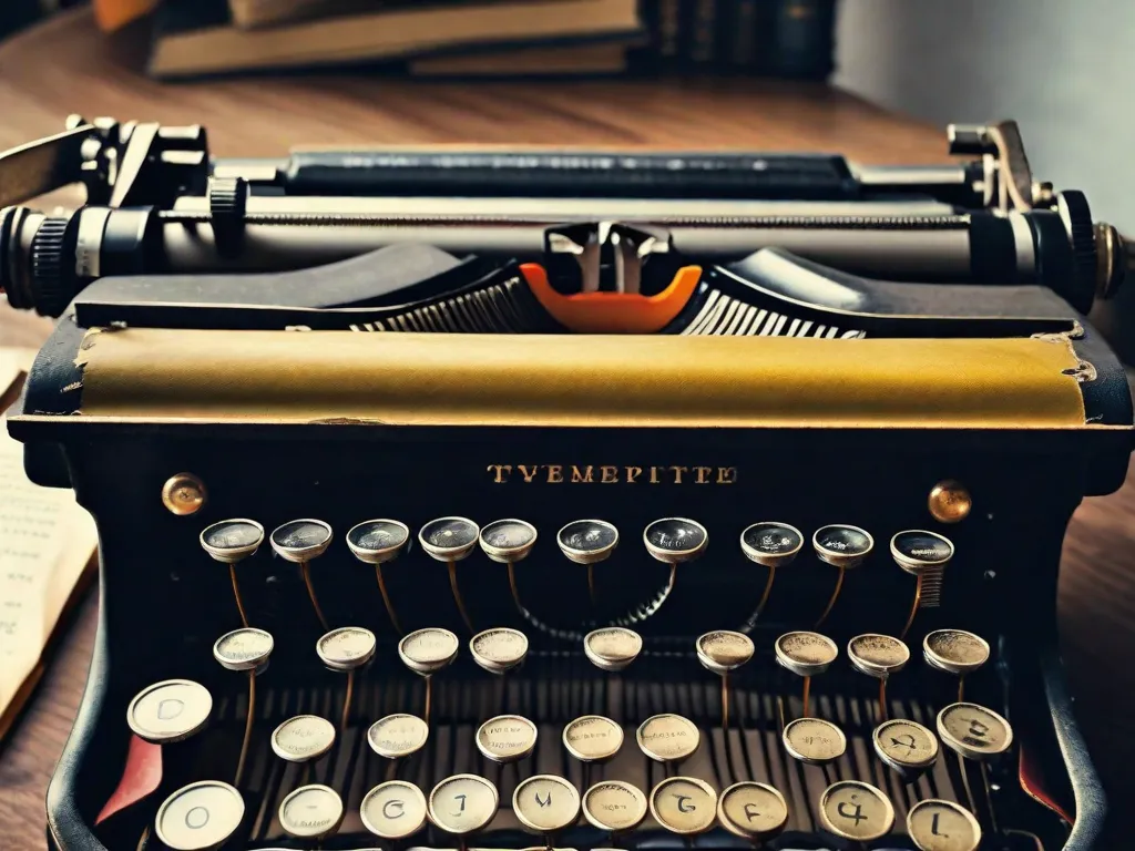 Descrição: Uma imagem em close-up de uma máquina de escrever desgastada com uma pilha de livros antigos ao lado. As teclas da máquina de escrever estão levemente enferrujadas, simbolizando a passagem do tempo e as inúmeras histórias que foram escritas em suas teclas. Os livros, com suas capas desgastadas e páginas amareladas, refletem a sabedoria e