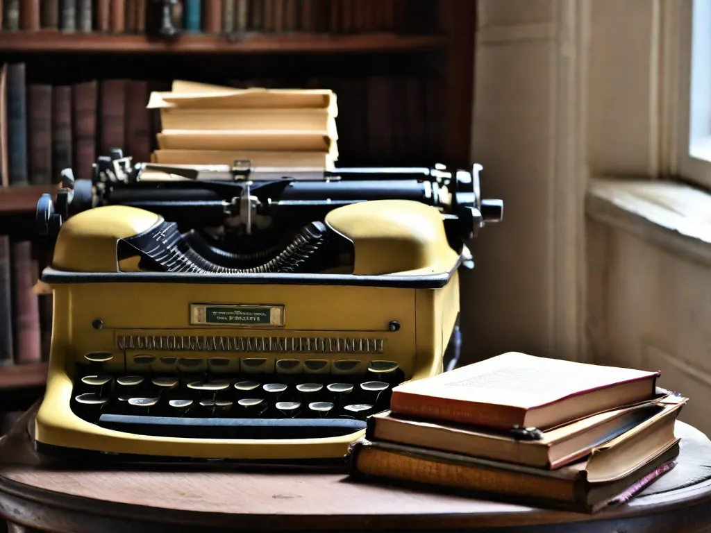 Descrição: Uma imagem em close-up de uma máquina de escrever desgastada com uma pilha de livros antigos ao lado. As teclas da máquina de escrever estão levemente enferrujadas, simbolizando a passagem do tempo e as inúmeras histórias que foram escritas em suas teclas. Os livros, com suas capas desgastadas e páginas amareladas, refletem a sabedoria e