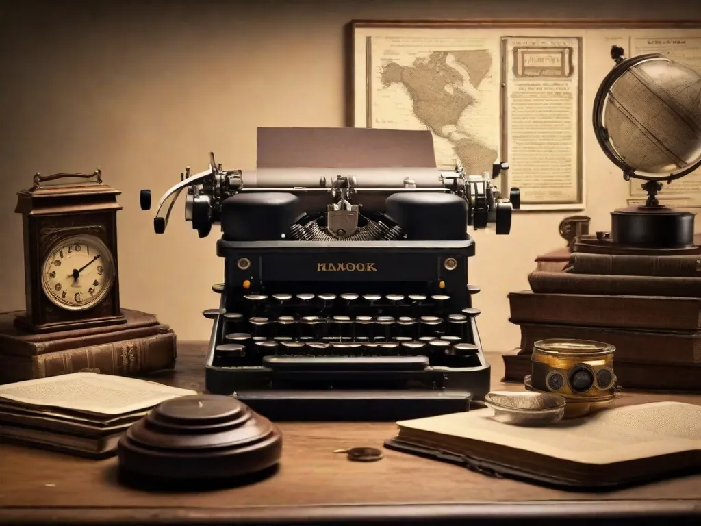 Uma máquina de escrever antiga está sobre uma escrivaninha de madeira, cercada por páginas amareladas de um romance muito lido. O quarto com pouca iluminação é decorado com relógios antigos, fotografias sépia e cartões-postais envelhecidos, evocando uma sensação de nostalgia por uma época passada.