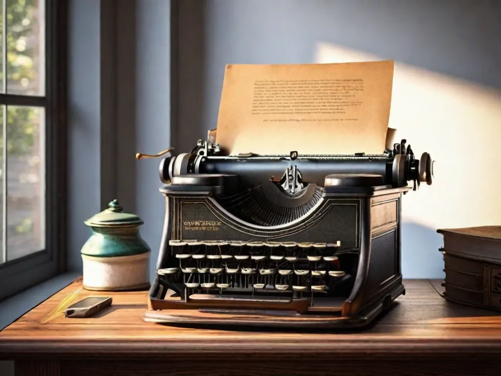 Uma máquina de escrever antiga repousa graciosamente em uma mesa de madeira, suas teclas prontas para a criatividade. Raios de sol filtram por uma janela próxima, lançando um brilho quente sobre o papel envelhecido, criando uma atmosfera reminiscente de uma era passada. A máquina de escrever traz a promessa de histórias atemporais e a nostalgia de tempos mais