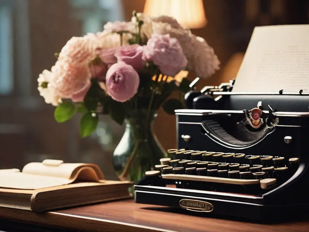 Descrição: Uma imagem em close-up de uma elegante máquina de escrever vintage, sentada em uma mesa de madeira. A máquina de escrever está adornada com delicadas flores, simbolizando o romance atemporal e a graça encontrados nos cativantes romances de Judith McNaught. A iluminação suave e quente adiciona um toque de nostalgia, convidando os leitores a se envolverem em