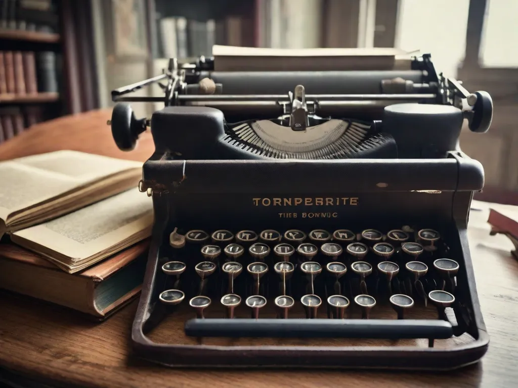 Uma imagem em close-up de uma máquina de escrever vintage desgastada, com uma pilha de livros ao lado. As teclas da máquina de escrever estão levemente enferrujadas, simbolizando a passagem do tempo, enquanto os livros representam a beleza atemporal da literatura. A imagem evoca uma sensação de nostalgia e o poder das palavras escritas.