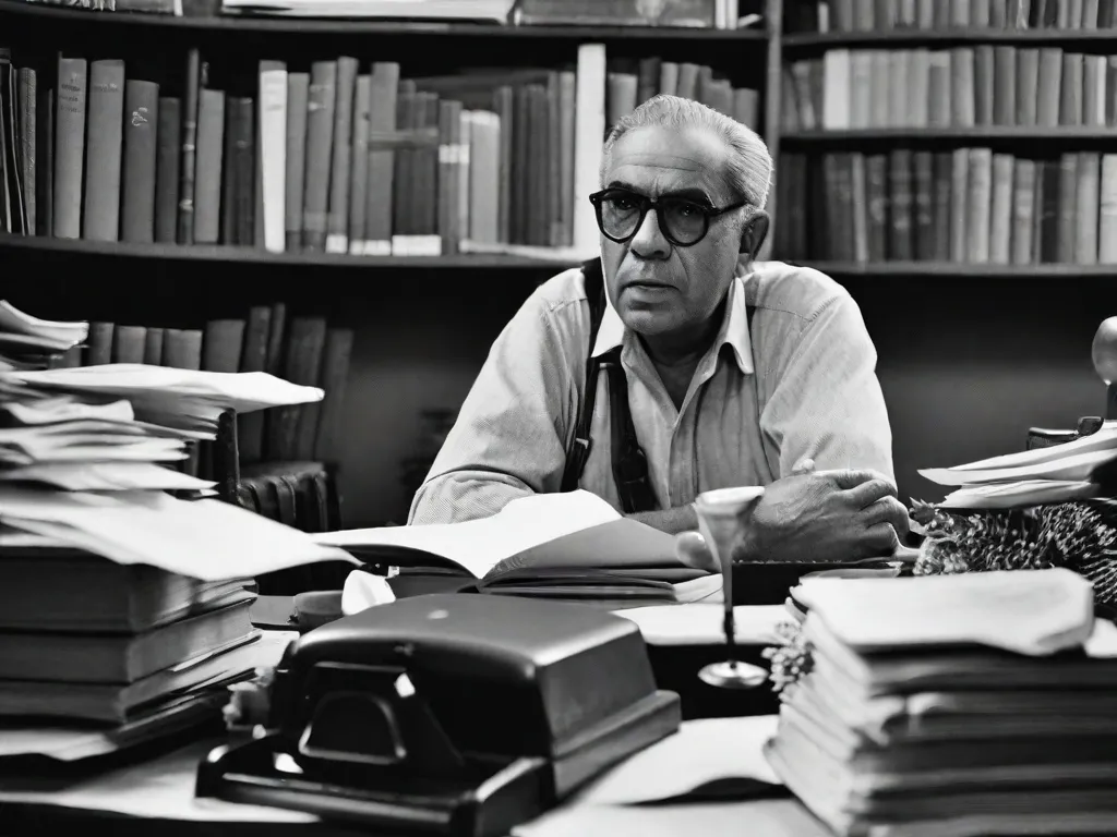 Descrição da imagem: Uma fotografia em preto e branco de Marcelino Freire, um renomado escritor brasileiro, sentado em uma mesa com uma máquina de escrever. Ele está pensativo, com uma expressão contemplativa no rosto, rodeado por pilhas de livros e folhas de papel espalhadas. A imagem captura a essência do seu processo criativo e dedicação à literatura.