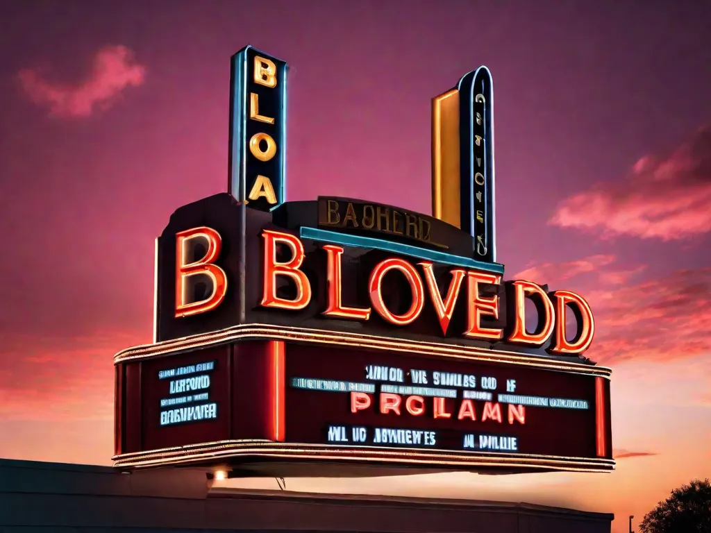Um letreiro de cinema vintage fica alto contra um céu crepuscular, adornado com luzes de neon brilhantes que soletram os títulos de amadas adaptações literárias. O brilho encantador convida os amantes de livros a adentrar um mundo onde as palavras ganham vida, mesclando os reinos dos livros e do cinema em uma experiência cativante.