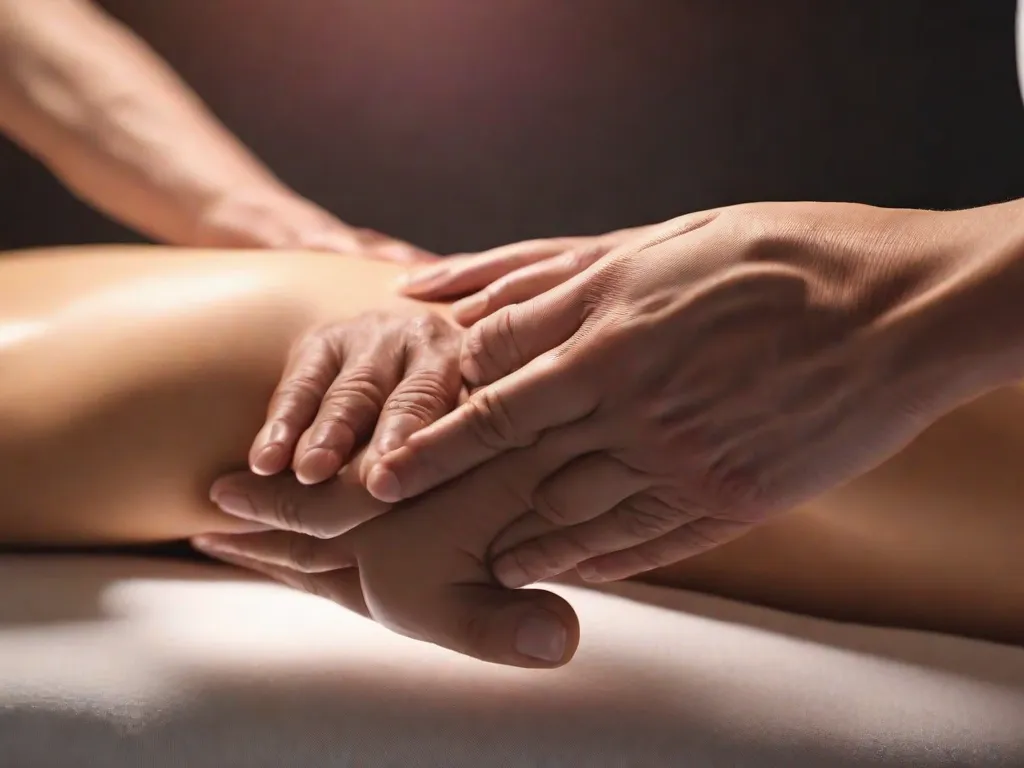 Descrição: Uma imagem serena mostrando um par de mãos realizando suavemente uma massagem de drenagem linfática na perna de uma pessoa. As mãos aplicam uma leve pressão e deslizam suavemente sobre a pele, promovendo a circulação sanguínea e reduzindo a retenção de líquidos. A imagem captura a natureza terapêutica dessa técnica, promovendo
