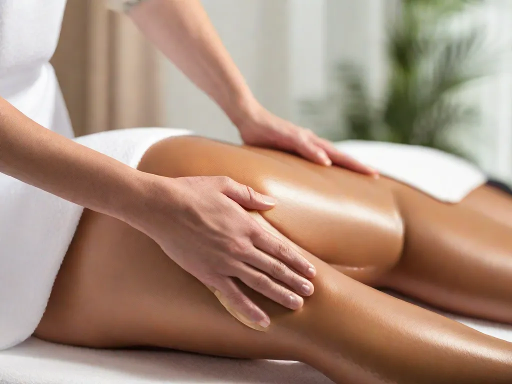 Descrição: Uma imagem serena de uma mulher deitada em uma mesa de massagem, com um terapeuta realizando suavemente uma massagem de drenagem linfática em suas pernas. O ambiente está levemente iluminado, criando uma atmosfera tranquila, enquanto as mãos do terapeuta se movem em movimentos rítmicos para estimular o fluxo linfático e promover relaxamento.