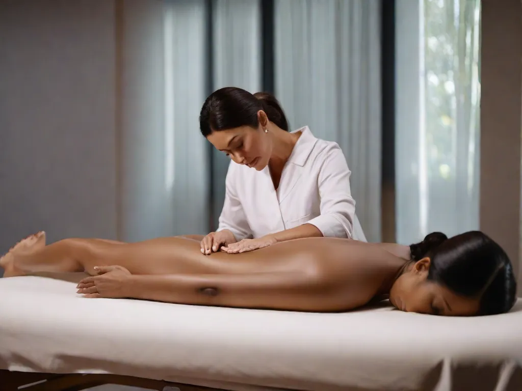 Descrição: Uma imagem serena de uma mulher deitada em uma mesa de massagem, com um terapeuta realizando suavemente uma massagem de drenagem linfática em suas pernas. O ambiente está levemente iluminado, criando uma atmosfera tranquila, enquanto as mãos do terapeuta se movem em movimentos rítmicos para estimular o fluxo linfático e promover relaxamento.