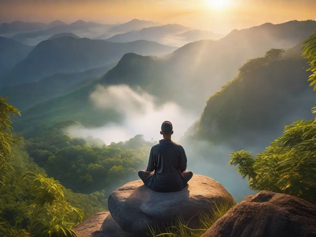 Uma imagem serena de uma pessoa meditando no topo de uma montanha ao amanhecer, cercada por vegetação exuberante e uma névoa suave. A postura da pessoa exala tranquilidade, refletindo a profunda conexão entre natureza e espiritualidade. Os raios dourados do sol simbolizam a iluminação e a paz interior.