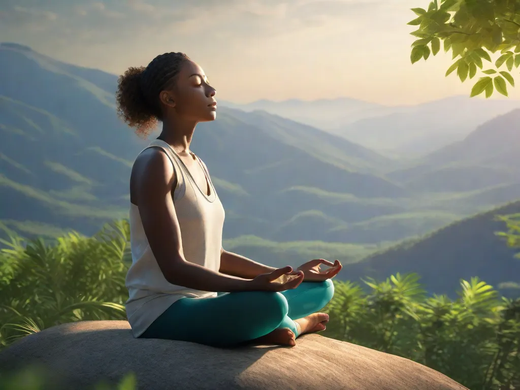 Descrição: Uma imagem serena de uma pessoa meditando no topo de uma montanha, cercada por vegetação exuberante e um céu azul claro. A pessoa está sentada em posição de lótus, com os olhos fechados e uma expressão tranquila no rosto. Raios de sol iluminam suavemente a cena, criando uma sensação de tranquilidade e conexão espiritual.