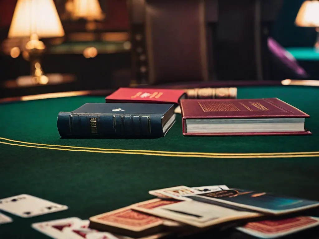 Descrição da Imagem: Uma fotografia em close-up de uma mesa de pôquer com uma pilha de livros no lugar das fichas de pôquer. Os livros variam em tamanho, cor e gênero, representando o diverso mundo da literatura. A mesa é cercada por leitores ávidos, cada um segurando um livro como sua