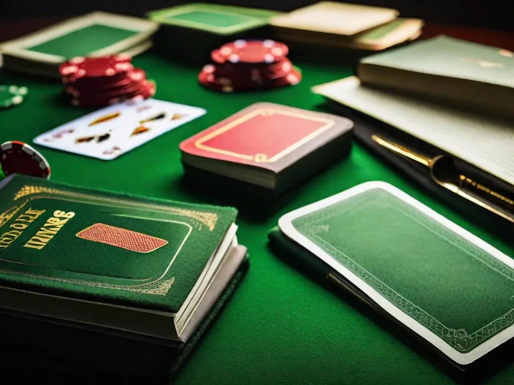 Descrição da imagem: Um close-up de uma mesa de pôquer com um toque especial - em vez de cartas de jogo, ela está cheia de livros de diversos gêneros e tamanhos. Os livros estão organizados de forma arrumada, representando diferentes mundos literários esperando para serem explorados. A mesa está rodeada por amantes de livros, ansiosos para participar de um jogo de