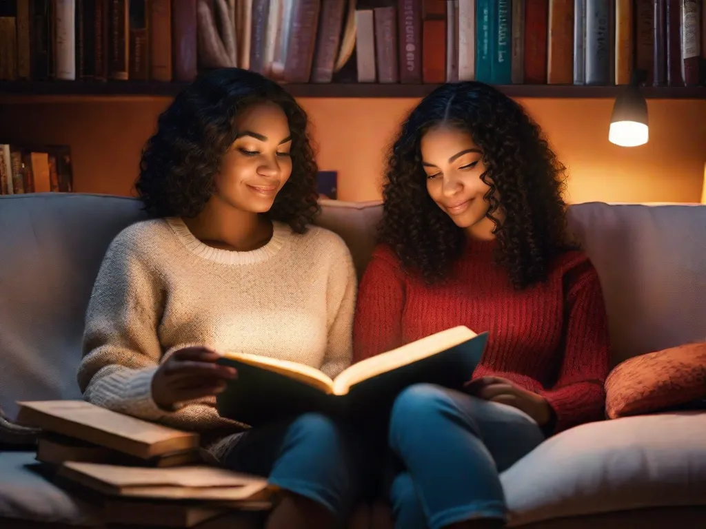 Descrição:
Uma imagem de duas mulheres sentadas juntas em um sofá aconchegante, cercadas por uma coleção de livros bem amados. Suas mãos estão entrelaçadas, simbolizando a conexão profunda que compartilham. A luz suave de uma luminária de leitura ilumina seus rostos, refletindo o calor e a ternura de seu romance lésbico.
