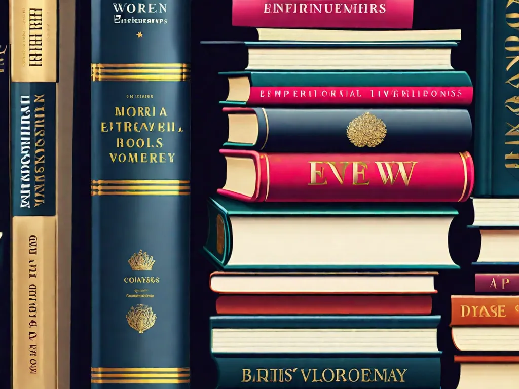 Descrição da imagem: Uma coleção vibrante e diversificada de livros empilhados em uma prateleira de madeira, mostrando as histórias e conquistas de empreendedoras de sucesso. Cada livro representa uma indústria diferente e é adornado com títulos inspiradores e capas coloridas, simbolizando a força, criatividade e determinação das mulheres nos negócios.