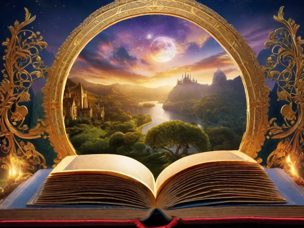 Descrição da imagem: Um close-up de uma pilha de livros dourados brilhando à luz do sol. Os livros são lindamente encadernados com designs intrincados, mostrando sua elegância e fascínio. A tonalidade dourada simboliza o tesouro de conhecimento e sabedoria que reside dentro dessas cativantes obras literárias.