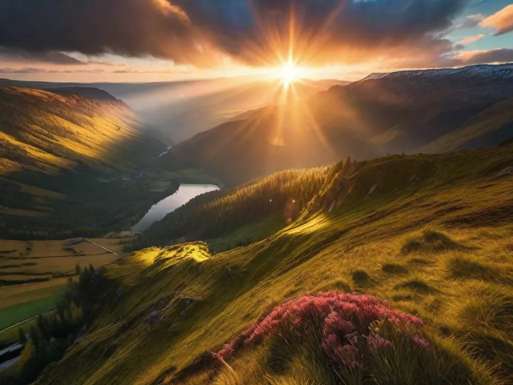 Descrição da imagem: Um nascer do sol vibrante sobre uma paisagem pitoresca, com raios de luz dourada perfurando as nuvens. A imagem mostra o poder bruto e a energia da natureza, preenchendo o céu com calor e luminosidade.
