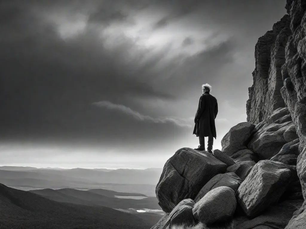 Descrição: Uma fotografia em preto e branco de uma figura solitária em pé em um penhasco rochoso, observando uma paisagem vasta e acidentada. A silhueta da pessoa é enquadrada pelo sol poente, simbolizando a exploração filosófica de Friedrich Nietzsche sobre o individualismo, o existencialismo e a busca da verdade em um mundo caótico.