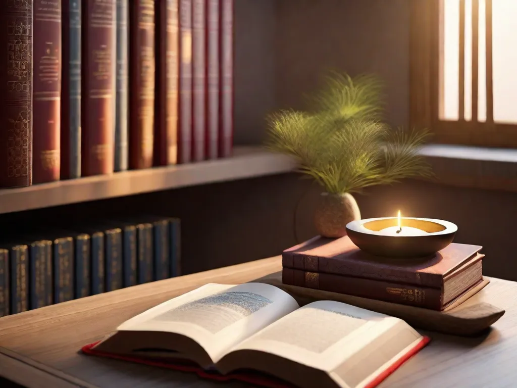 Descrição: Uma imagem de um cantinho tranquilo para leitura com uma pilha de livros sobre acupuntura. Os livros estão arrumados de forma organizada, exibindo suas capas vibrantes e títulos, convidando os leitores a explorar a antiga arte da acupuntura. A luz suave do sol passa por uma janela próxima, criando um ambiente tranquilo para uma exploração profunda e