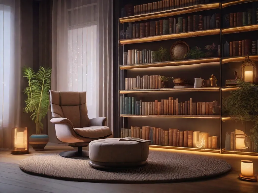 Uma imagem de um recanto tranquilo de leitura, adornado com prateleiras cheias de livros sobre acupuntura. O espaço aconchegante conta com uma poltrona confortável, iluminação suave e uma xícara de chá de ervas, convidando os leitores a se envolverem na antiga arte de cura enquanto desfrutam de um momento tranquilo de relaxamento.