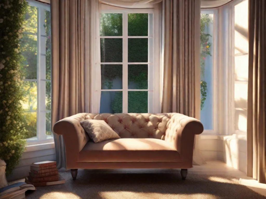 Descrição da imagem: Um cantinho aconchegante para leitura, com uma poltrona macia ao lado de uma janela com vista para um jardim sereno. A luz do sol passa suavemente pelas cortinas, lançando um brilho quente nas páginas de um livro intitulado