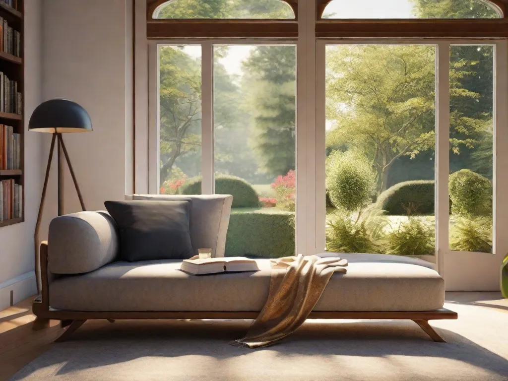 Descrição da imagem: Um cantinho de leitura sereno e aconchegante com uma confortável poltrona ao lado de uma grande janela com vista para um jardim tranquilo. A luz do sol ilumina suavemente o ambiente, criando uma atmosfera acolhedora e convidativa. Uma pilha de livros está arrumada de forma organizada em uma mesa lateral, oferecendo uma variedade de temas para uma