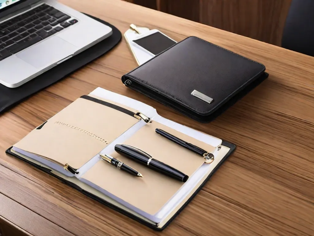 Descrição da imagem: Um organizador pessoal elegante e estiloso é exibido em uma mesa de madeira. O organizador possui vários compartimentos e slots para armazenar de forma organizada materiais de escritório, um bloco de notas e um smartphone. Ele transmite profissionalismo e eficiência, mostrando a ferramenta perfeita para se manter organizado e no controle das tarefas diárias.