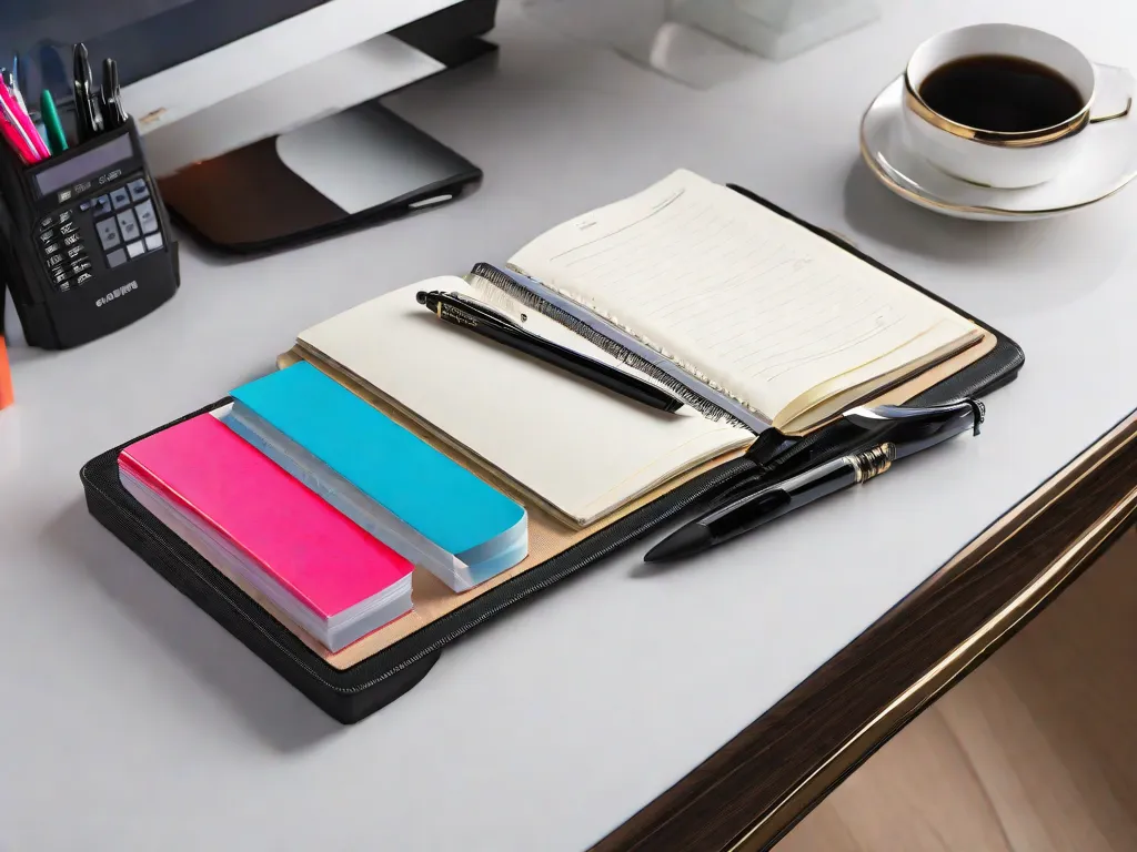 Uma imagem de um organizador pessoal elegante e estiloso, sentado em uma mesa. O organizador está aberto, exibindo páginas arrumadas com abas coloridas e seções para anotações, listas de tarefas e compromissos no calendário. Uma caneta está ao lado, pronta para anotar tarefas e lembretes importantes.