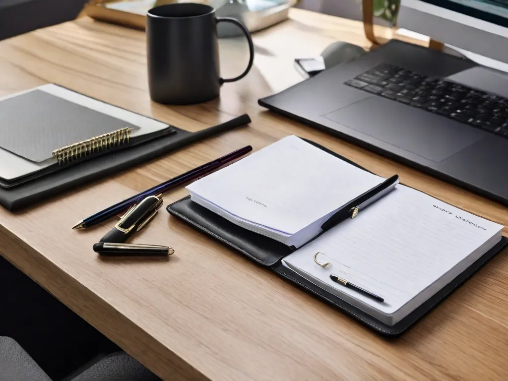 Uma imagem de um organizador pessoal elegante e estiloso, sentado em uma mesa. O organizador está aberto, exibindo páginas arrumadas com abas coloridas e seções para anotações, listas de tarefas e compromissos no calendário. Uma caneta está ao lado, pronta para anotar tarefas e lembretes importantes.