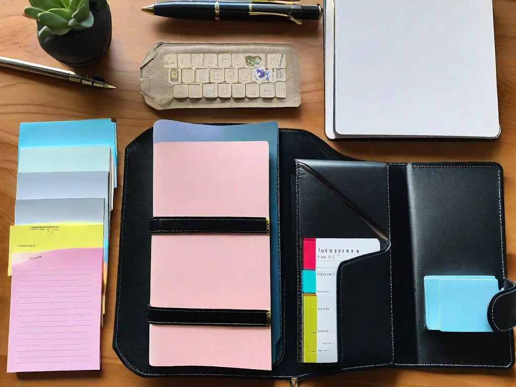 Uma imagem de um organizador pessoal de couro preto elegante, deitado aberto em uma mesa. As páginas estão preenchidas de forma organizada com horários codificados por cores, listas de tarefas e notas adesivas. Uma caneta está descansando em cima, pronta para anotar novas tarefas. O organizador exala eficiência e organização, refletindo uma vida ocupada,