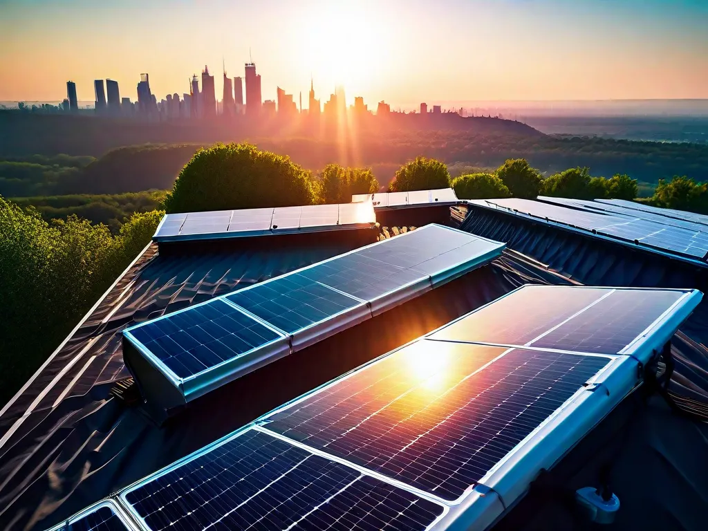Uma imagem vibrante mostrando um telhado coberto de painéis solares, reluzindo sob a luz do sol brilhante. Os painéis captam a energia do sol, convertendo-a em energia limpa e renovável. Raios de sol iluminam a cena, simbolizando o potencial da energia solar em fornecer eletricidade sustentável para um futuro mais verde.