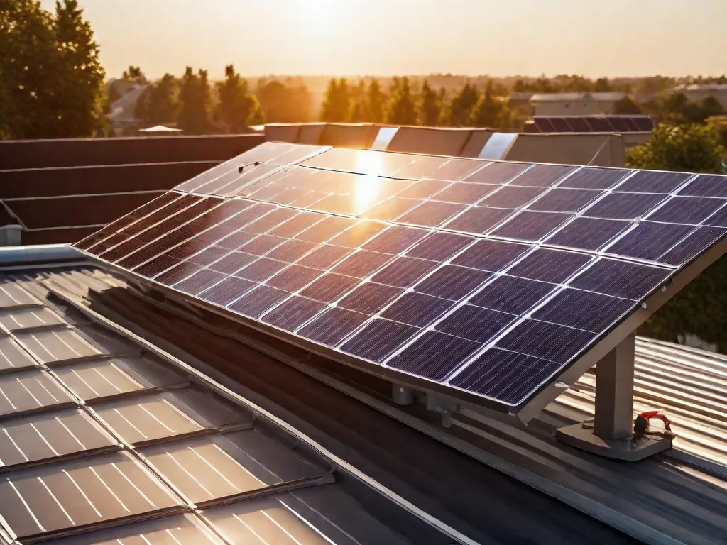 Uma imagem vibrante de um conjunto de painéis solares brilhando sob o sol intenso, aproveitando o poder da energia renovável. Os painéis estão posicionados em um telhado, cercados por um céu azul claro, simbolizando o potencial da energia solar para fornecer energia limpa e sustentável para um futuro mais verde.