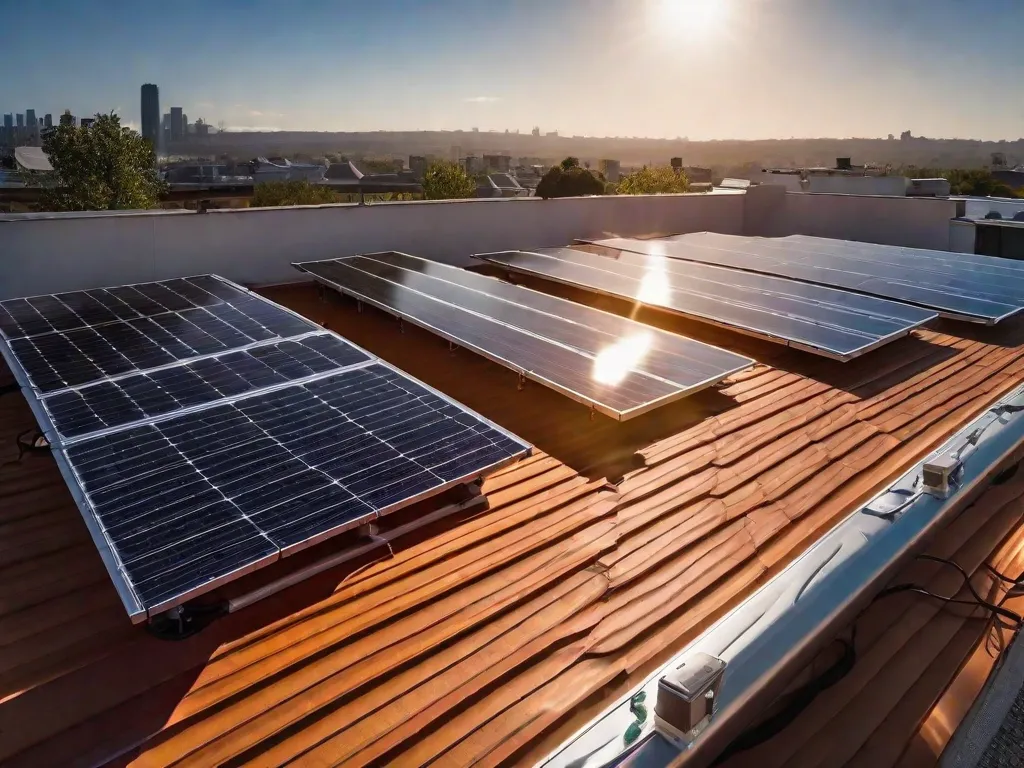Uma imagem vibrante mostrando um telhado coberto com painéis solares elegantes, banhados pelo brilho quente do sol. Os painéis aproveitam a energia solar, simbolizando uma solução sustentável e ecologicamente correta para gerar eletricidade. Raios de sol iluminam a cena, destacando o potencial da energia solar na redução das emissões de carbono e na adoção de fontes