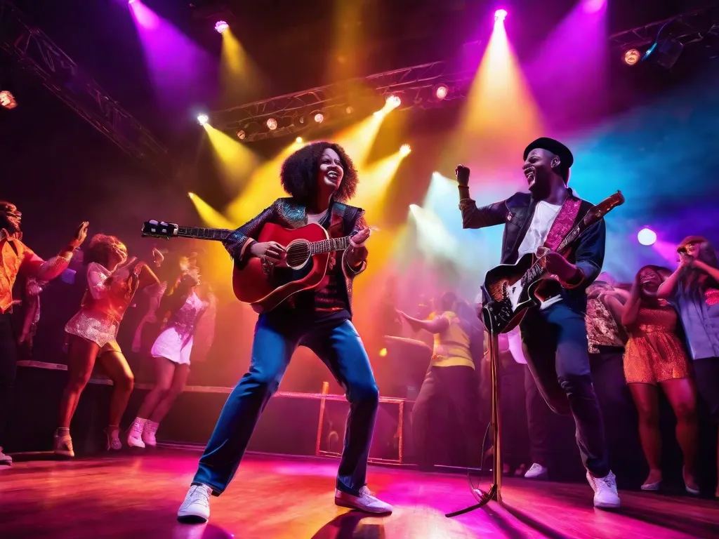 Uma imagem vibrante de um palco iluminado por luzes coloridas, com músicos tocando apaixonadamente seus instrumentos e uma multidão de pessoas entusiasmadas dançando e aproveitando o ritmo. A energia e alegria no ar são palpáveis, capturando a essência da capacidade da música de unir as pessoas e criar momentos inesquecíveis.