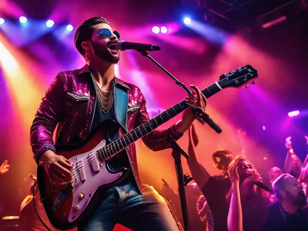 Uma imagem vibrante de um palco iluminado por luzes coloridas, com músicos tocando apaixonadamente seus instrumentos e uma multidão de pessoas entusiasmadas dançando e aproveitando o ritmo. A energia e alegria no ar são palpáveis, capturando a essência da capacidade da música de unir as pessoas e criar momentos inesquecíveis.