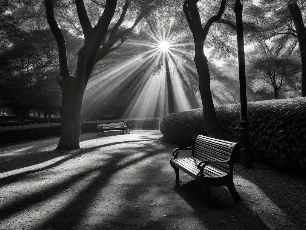 Uma fotografia em preto e branco de um parque sereno com árvores altas e elegantes alinhando um caminho sinuoso. O sol filtra através das folhas, criando um belo jogo de luz e sombra. Ao longe, um pequeno banco convida os visitantes a sentar e contemplar, capturando a essência da profunda poesia de Cecília Meireles.