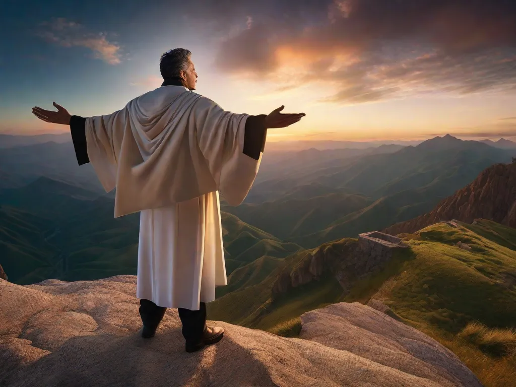 Uma imagem serena mostra o Padre Marcelo Rossi em pé no topo de uma montanha, com os braços estendidos em direção ao céu. O sol se põe atrás dele, lançando um brilho quente na paisagem, simbolizando sua fé inabalável e conexão com um poder superior.