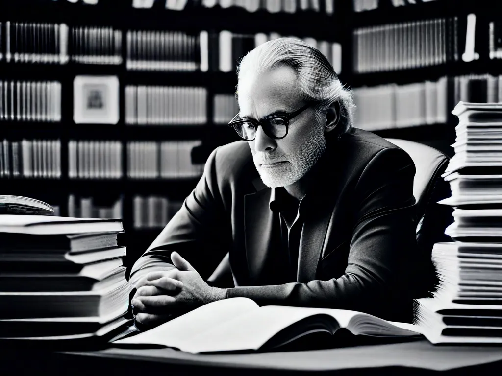 Descrição da imagem: Uma fotografia em preto e branco de Philip Yancey, um renomado autor e palestrante. Ele está sentado em uma mesa, pensativo, cercado por pilhas de livros e papéis. A imagem captura sua expressão contemplativa e a aura de sabedoria que emana dele.