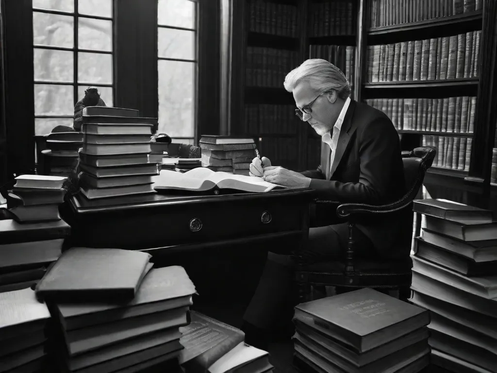 Descrição da imagem: Uma fotografia em preto e branco de Philip Yancey, um renomado autor e palestrante. Ele está sentado em uma mesa, pensativo, cercado por pilhas de livros e papéis. A imagem captura sua expressão contemplativa e a aura de sabedoria que emana dele.
