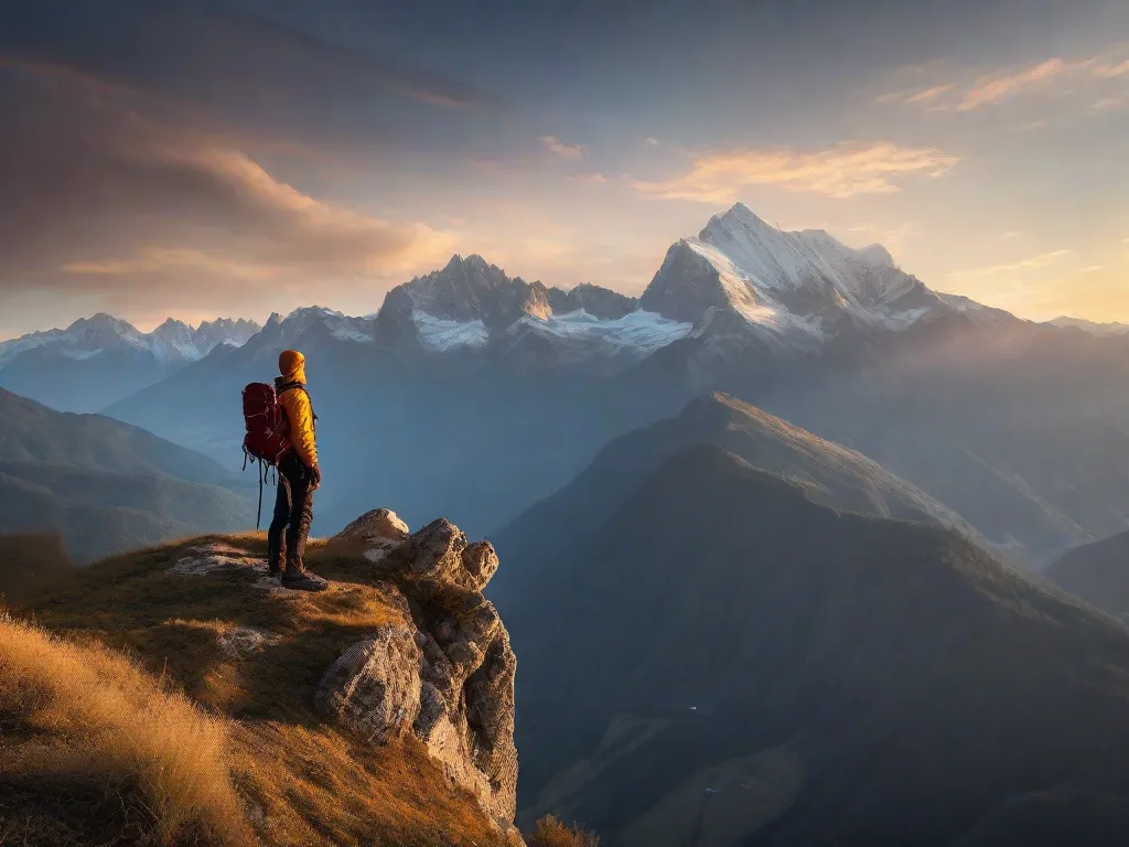 Tema: Viajando Sozinho
Descrição da imagem: Uma vista deslumbrante de uma paisagem serena de montanhas. O sol se põe ao longe, lançando um brilho dourado e quente sobre os picos. Uma figura solitária está de pé à beira de um penhasco, com os braços estendidos, abraçando a liberdade e a aventura de viajar