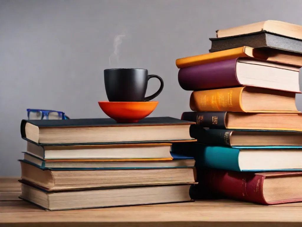 Descrição da imagem:
Uma pilha de livros fica alta em cima de uma mesa de madeira, cada um representando um aspecto diferente do crescimento pessoal e do desenvolvimento. Os livros estão abertos, revelando páginas coloridas cheias de sabedoria, inspiração e conselhos práticos. A imagem simboliza o poder do conhecimento e o impacto transformador dos livros em nossas vidas.