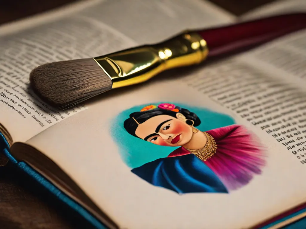Uma imagem em close-up de um pincel desgastado deitado em cima de um livro aberto. O livro está cheio de ilustrações vibrantes que retratam a vida e a arte de Frida Kahlo, mostrando sua paixão, resiliência e perspectiva única que continua a inspirar leitores ao redor do mundo.