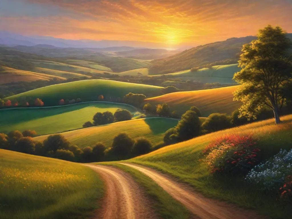 Uma pintura vibrante de uma paisagem serena, com colinas ondulantes e um pôr do sol dourado lançando tons quentes sobre uma paisagem tranquila. As pinceladas capturam a essência da natureza, revelando a maestria do artista em misturar cores e criar uma cena cativante.