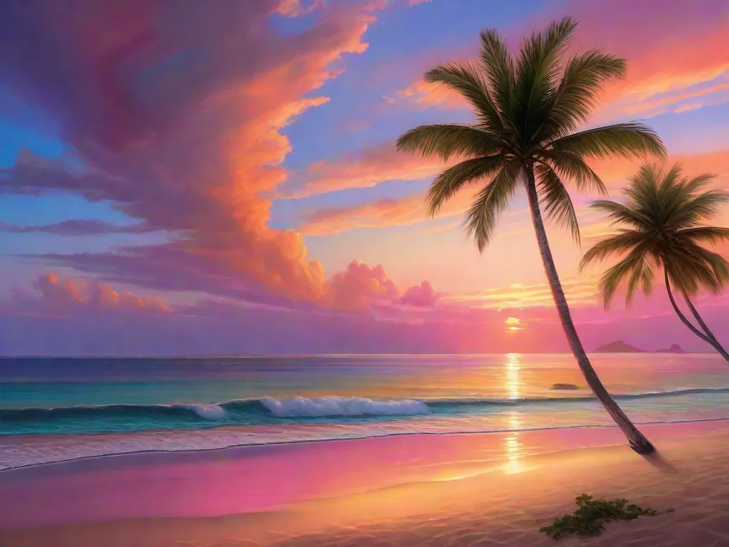 Uma pintura vibrante de uma praia serena ao pôr do sol, com tons quentes de laranja e rosa refletindo nas ondas calmas. O céu está cheio de nuvens esvoaçantes, e as palmeiras balançam suavemente na brisa. A cena exala tranquilidade e convida o espectador a escapar para sua atmosfera pacífica.