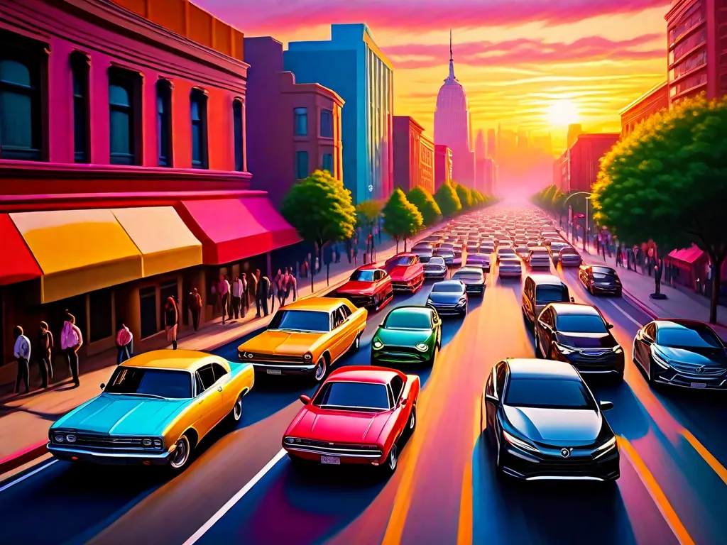 Uma vibrante pintura de uma paisagem urbana ao pôr do sol, com pinceladas audaciosas capturando o movimento dinâmico de carros e pessoas. As cores se mesclam perfeitamente, criando uma experiência visual hipnotizante que celebra a energia e a beleza da vida urbana.