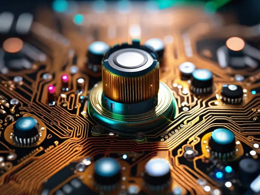 Uma imagem em close-up de uma placa de circuito com padrões intrincados de componentes eletrônicos e caminhos, simbolizando a complexidade e precisão da engenharia elétrica. As cores vibrantes e o design detalhado destacam a expertise técnica necessária nessa área.