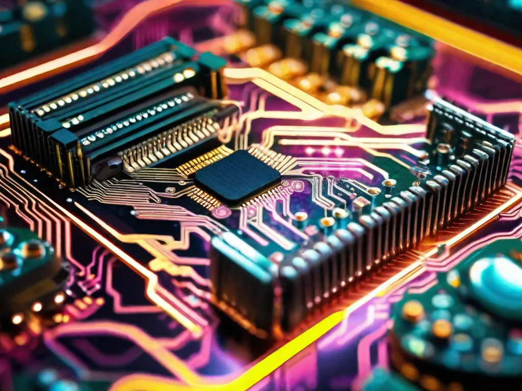 Uma imagem em close-up de uma placa de circuito com caminhos e componentes intrincados, simbolizando a complexidade e precisão da engenharia elétrica. As cores vibrantes e o brilho metálico destacam a natureza inovadora e avançada desse campo.