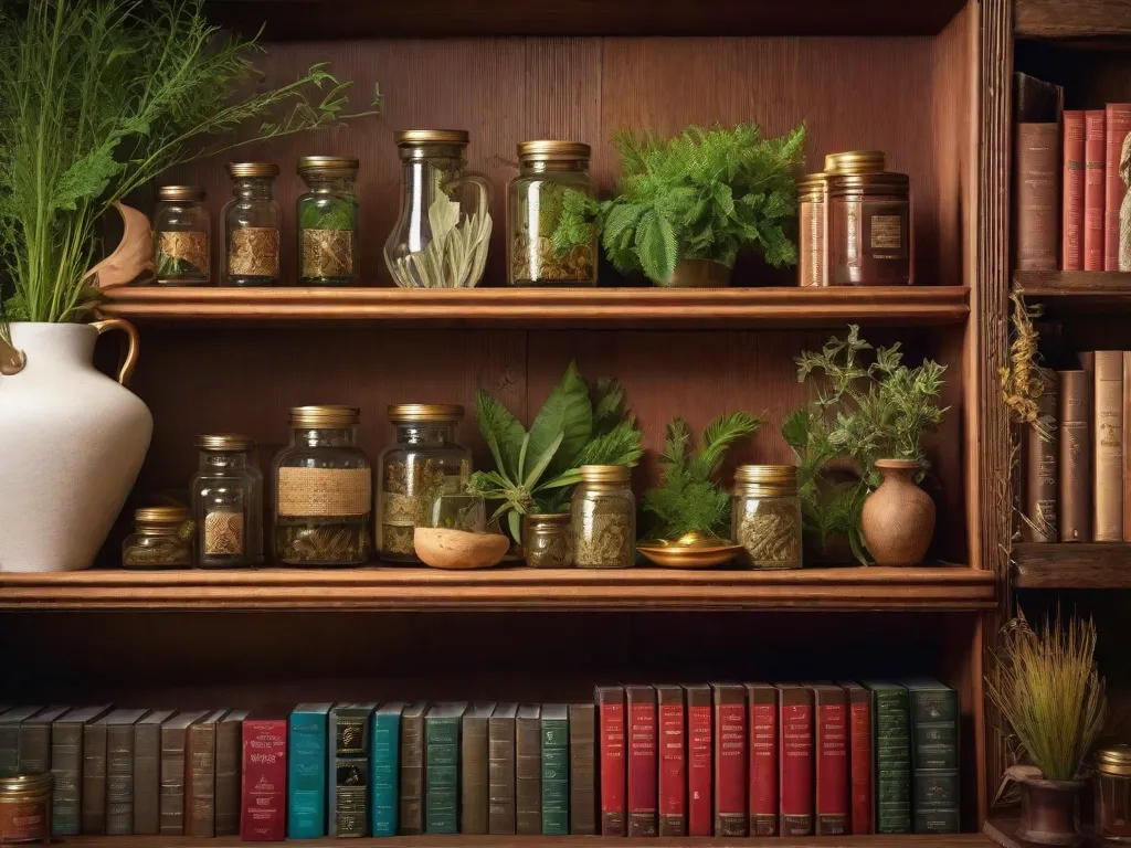 Descrição da imagem: Uma fotografia em close-up de uma prateleira de madeira cheia de vários livros sobre plantas medicinais. Os livros estão arrumados de forma organizada, exibindo suas capas coloridas e títulos. Alguns livros estão abertos, revelando ilustrações detalhadas e descrições de diferentes ervas e suas propriedades curativas.